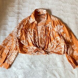 Zara Orange Cropped Knot Tie Front Wide Sleeve Collared Floral Mandala Top